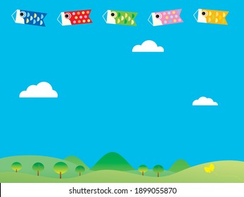 Background illustration of swimming carp streamers and the mountains on the Children's Day. Card design of the Boy's Festival. Vector illustration.