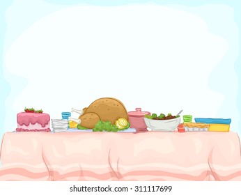 Background Illustration Of A Table Filled With Potluck Contributions