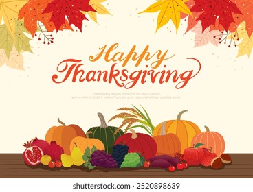 Background illustration with Thanksgiving fruits and grains and autumn leaves