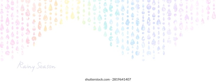 Background illustration of translucent, rainbow-gradient droplets on a white background.