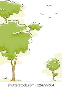 Background Illustration of Trees with Birds in the Air