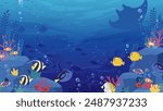 Background illustration of tropical fish swimming on the ocean floor with rocks and coral_16:9