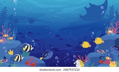 Background illustration of tropical fish swimming on the ocean floor with rocks and coral_16:9