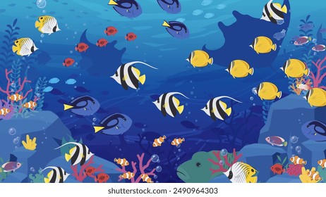 Background illustration of tropical fish swimming on the ocean floor with rocks and coral_16:9