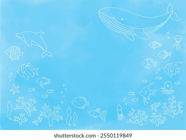 Background illustration of tropical fish, whales, and dolphins