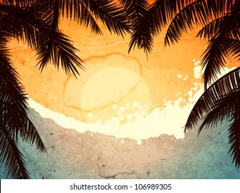 background illustration of tropical island with palms at sunset