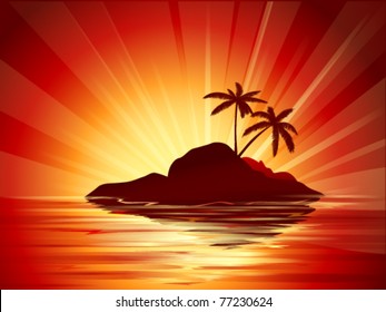 background illustration of tropical island with two palms at sunset