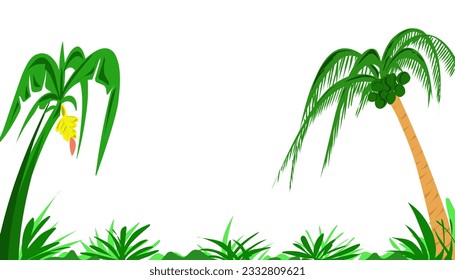 La ilustración de fondo con un tema tropical tiene imágenes de kilos de plátano, cocoteros. Perfecto para fondos de pantalla, carteles, pancartas, tarjetas de invitación, etiquetas, portadas de libros, revistas