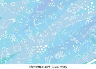 Background illustration of various fish and mammals, seaweed, mollusks in the aquarium