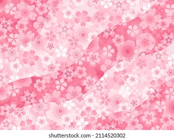 Background illustration with various Japanese patterns and cherry blossom icons lined up in wavy stripes