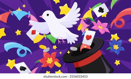 Background illustration of various things popping out of a top hat with magic tricks_16:9