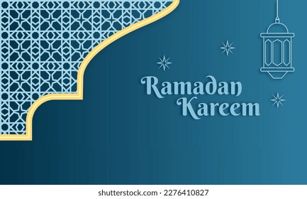 Background illustration vector “Ramadan Kareem” Islamic ornament, calligraphy and hanging lantern, good design for banner, greeting card or web design 