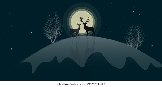 ilustración de fondo vectorial silueta nocturna ciervo dos de pie sobre colina nevada hielo cubierto árbol cielo constelación naturaleza paisaje lunar vacaciones azul diseño negro tarjeta de la colina blanco invierno