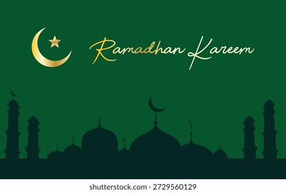 Background illustration vector Ramadan Kareem with mosque silhouette. green background good design for card design 