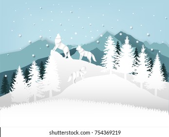 background illustration vector of wolf howling in forest with snow in the winter season and christmas tree, vector paper art style of winter and chirstmas season design concept