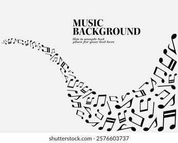 Background illustration of waving melody lines and musical note particles