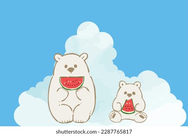 Background illustration of a white polar bear and her cub eating watermelon under the summer sky