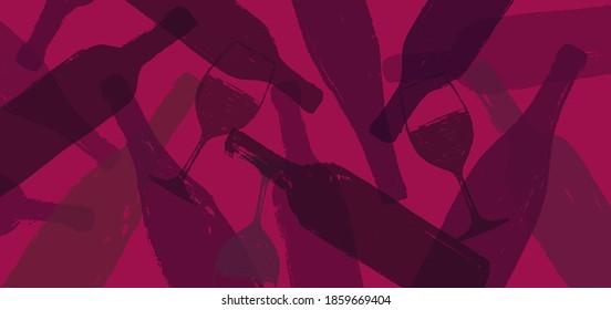 ilustración de fondo para diseños de vino. Dibujo hecho a mano de vasos de vino y botellas. Color rojo del vino. Antecedentes para banners web, antecedentes, portadas, presentaciones, afiches, folletos. Vector