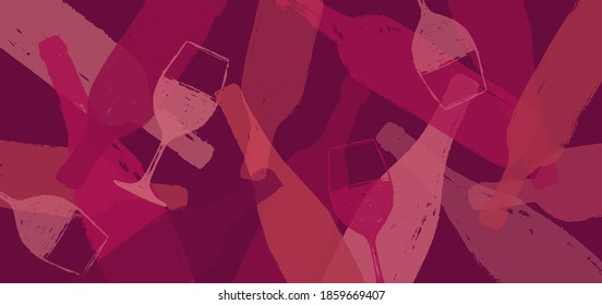 background illustration for wine designs. Handmade drawing of wine glasses and bottles. Red wine color. Background for web banners, backdrops, covers, presentations, poster, brochures. Vector