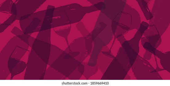 background illustration for wine designs. Handmade drawing of wine glasses and bottles. Red wine color. Background for web banners, backdrops, covers, presentations, poster, brochures. Vector