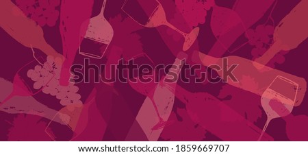 background illustration for wine designs. Handmade drawing of wine glasses, bottles, grapes and vine leaf. Red wine color. Background for web banners, backdrops, covers, presentations. Vector