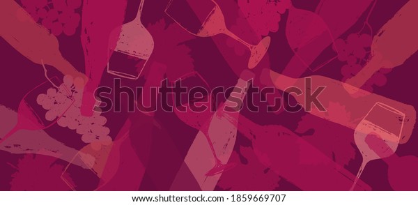 background illustration for wine designs. Handmade\
drawing of wine glasses, bottles, grapes and vine leaf. Red wine\
color. Background for web banners, backdrops, covers,\
presentations.\
Vector