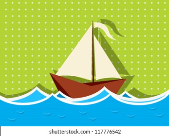 Background illustration of a wooden ship sailing the waves.