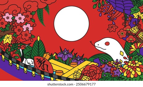 Background illustration for the Year of the Snake with the flowers and roles of each month of Hanafuda cards_16:9_translation:celebration
