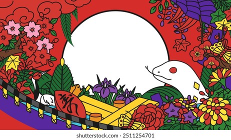 Ilustración de fondo para el Año de la Serpiente con las flores y los roles de cada mes de Hanafuda cards_16:9_translation:celebration
