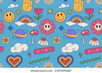 Background illustrations cartoon characters   things  Funny stickers   patches  Seamless vector pattern and rainbow  flower  planet  abstract faces   elements in trendy retro cartoon style 