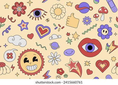 Background illustrations of cartoon characters and things. Funny stickers and patches. Seamless vector pattern with heart, flower, planet, abstract faces and elements in trendy retro cartoon style.