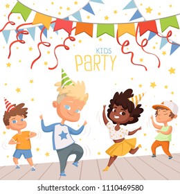 Background illustrations at childrens dance party. Template of poster for kids invitation. Birthday holiday celebration, party childhood vector