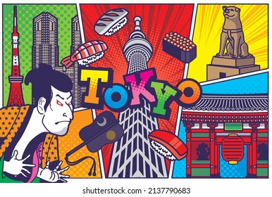 Ilustraciones de fondo de las atracciones turísticas de Tokio de estilo cómico