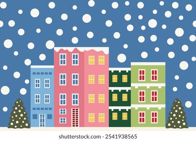 Background illustrations for holiday scenarios. a snowy landscape with Christmas tree and snowfall, a festive city buildings with holiday lights, cozy winter holiday inviting scenes outdoor settings