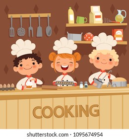 Background illustrations of kids preparing food on the kitchen. Vector confectioner and baker, child in apron