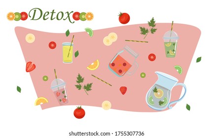 Background with illustrations on the topic of detox, healthy nutrition and a healthy lifestyle