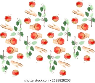 Background of illustrations that hands and apples.