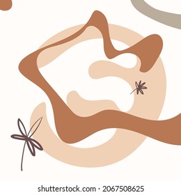 Background image in abstract style with leaves. Zigzags and abstract shapes. Vector illustration for print, postcard, poster, interior.