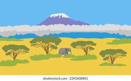 imagen de fondo de la sabana africana. vector de paisaje de estilo realista. vistas al monte Kilimanjaro. elefante africano. fondo de pantalla con árboles de montaña y elefante. acacia africana. 