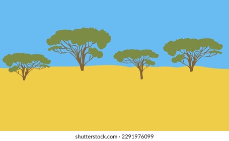 background image african savannah. simple landscape vector in flat style. landscape with trees against the sky. flag of ukraine. wallpaper with yellow earth and blue sky. african acacia. 