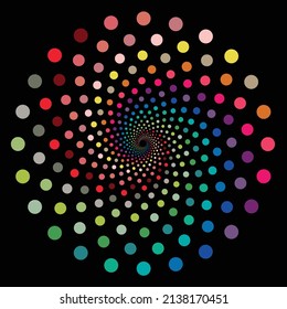 La imagen de fondo se alterna con círculos amarillos, naranjas, verdes y rosas que giran alrededor de una superficie negra.