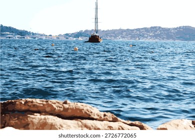 Antecedentes Imagen de un Anuncio para un evento corporativo con una temática marina: el comienzo de un viaje Viaje por el mar Montar las olas para el éxito El magnífico mar azul está ardiendo con las olas Dibujo con pinceladas de pincel Un barco con una vela Hacia el sueño, orilla de piedra, acantilado, piedra naranja, roca En el horizonte en la distancia hay cordilleras Viaje Tour Riviera francesa Italia Materiales metodológicos para la geografía de la biología Industria pesquera marina