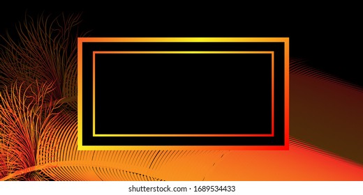 La imagen de fondo está en negro con plumas brillantes de color rojo y naranja y una caja para tu inscripción.Imagen vectorial. EPS10