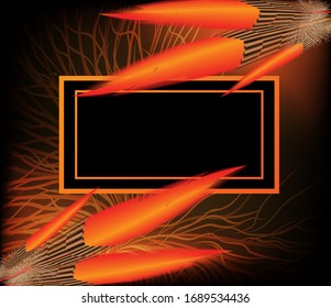 La imagen de fondo está en negro con plumas brillantes de color rojo y naranja y una caja para tu inscripción.Imagen vectorial. EPS10