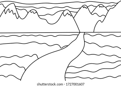 Background with the image of a black and white landscape. A river flowing across a field to the mountains in the background.  For coloring books, embroidery, illustrations, for creativity. Vector.