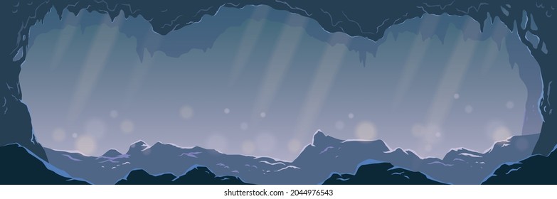 Background image of a cave illuminated by rays of light, horizontal scene