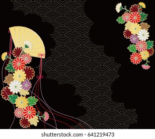 Background image of chrysanthemum, folding fan and Japanese patten