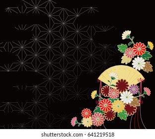 Background image of chrysanthemum, folding fan and Japanese patten