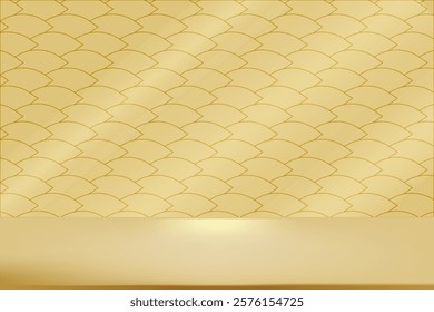 Background image designed with snake scales in golden geometric pattern, with a stand for product placement for presentation. Chinese New Year, Lunar New Year.