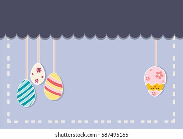 Background image of Easter eggs. Easter egg with a rope hanging on a third many colored bubbles. The other side has broken Easter egg 1 egg, chick out there can put any message. Applied to the media.